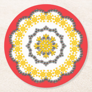 Snowflake Circle Holiday Lacey Gold auf Rot Runder Pappuntersetzer