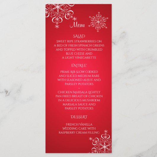 Snowflake Elegante Wedding Menu Rot Menükarte (Vorderseite)