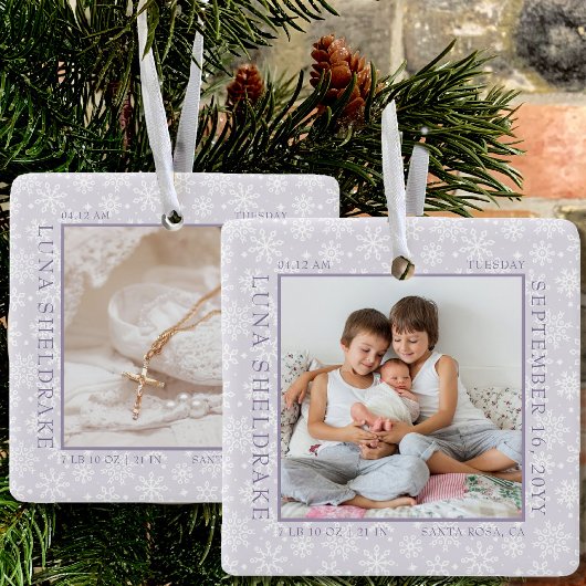 Snowflake Foto Frame Baby Birth Stats Lavendel Keramikornament