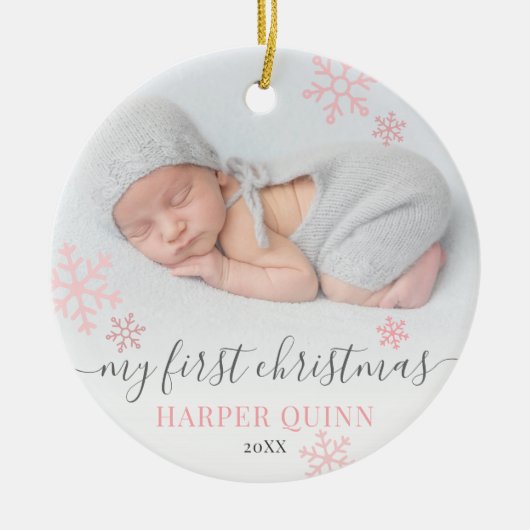 Snowflake Foto Girl Baby First Christmas Keramik Ornament (Vorne)