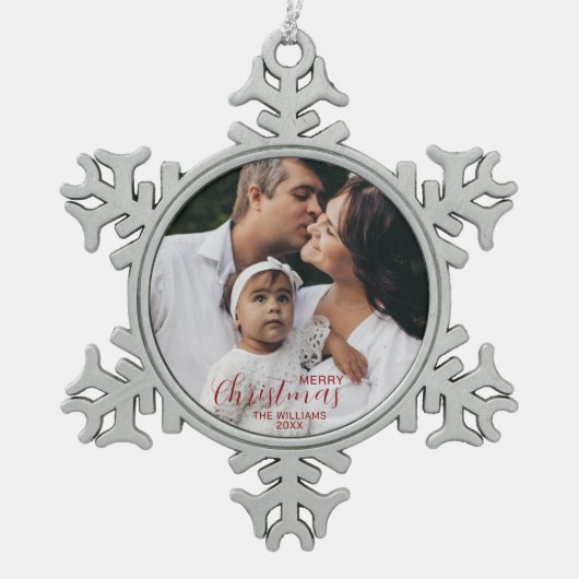 Snowflake Frohe Weihnachtsschmuck Familie Foto Schneeflocken Zinn-Ornament (Vorderseite)