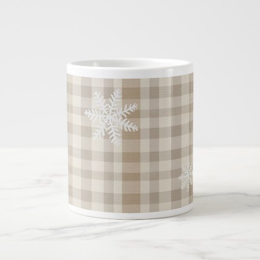 Snowflake Gingham Plaid Mug – Beige & Taupe Rustic Jumbo-Tasse (Vorderseite)