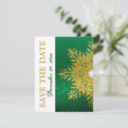 Snowflake Gold Smaragdgrüne Hochzeit Retten Sie da Save The Date (Stehend Vorderseite)