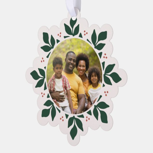 Snowflake Greenerie Rahmen Holiday Foto Ornament Karte (Linke Ecke)