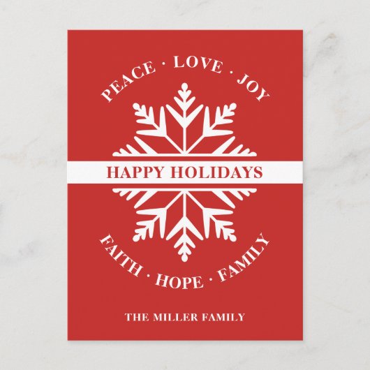Snowflake Holiday Peace Liebe Joy Faith Hope Postkarte (Vorderseite)