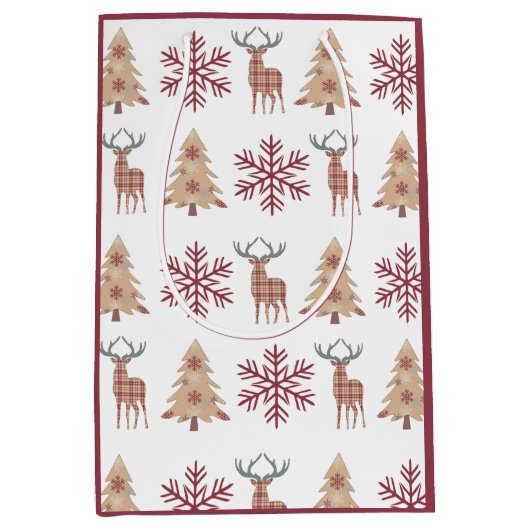 Snowflake Holiday Tree Deer Pattern auf Weiß Mittlere Geschenktüte (Vorderseite)