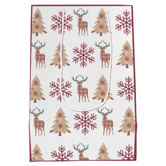 Snowflake Holiday Tree Deer Pattern auf Weiß Mittlere Geschenktüte (Rückseite)