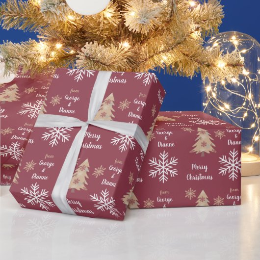 Snowflake Holiday Tree Muster auf Maroon Geschenkpapier (Feiertage)