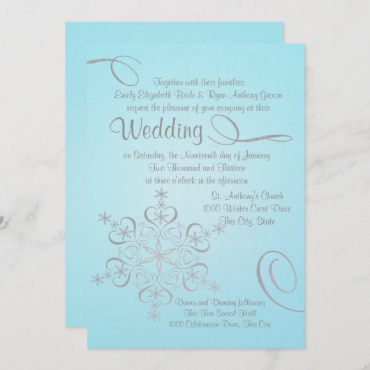 Snowflake Ice Blue and Silver Winter Wedding Einladung (Vorne/Hinten)