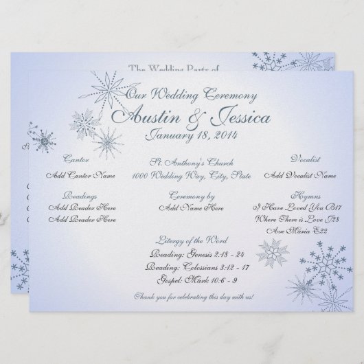 Snowflake Ice Blue Wedding Programm (Vorne/Hinten)