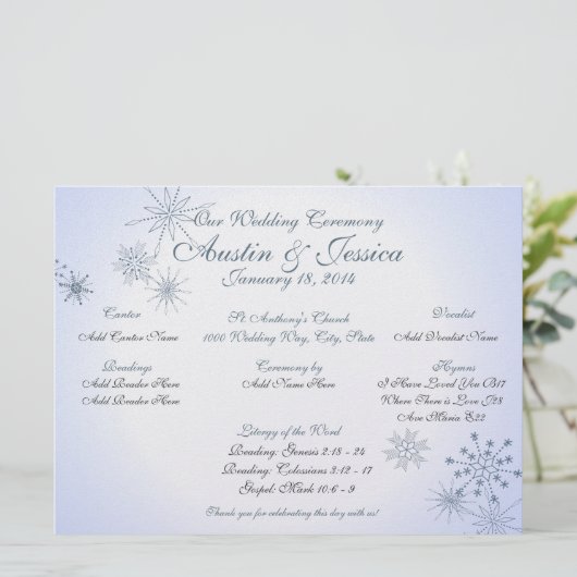 Snowflake Ice Blue Wedding Programm (Stehend Vorderseite)