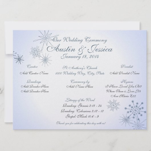 Snowflake Ice Blue Wedding Programm (Vorderseite)
