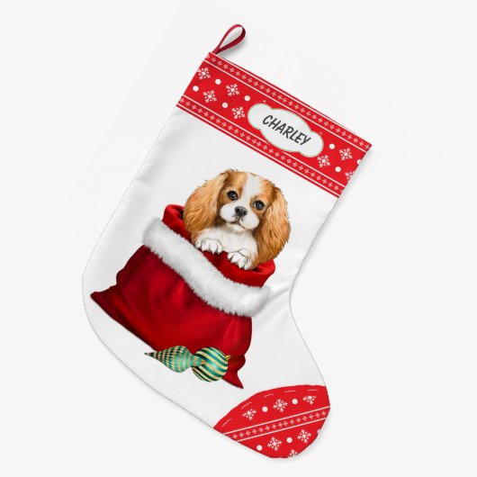 Snowflake King Charles Spaniel Gift Überraschung Großer Weihnachtsstrumpf (Vorderansicht (hängend))