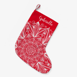 Snowflake Mandala Kalligrafie Name Rot und Weiß Kleiner Weihnachtsstrumpf