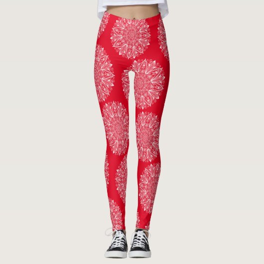 Snowflake Mandala Rot und Weiß Wintermuster Leggings (Vorderseite)