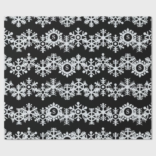 Snowflake Monogram Black Christmas Wrapping Paper Geschenkpapier (Flach)