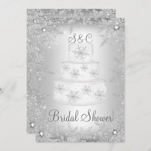 Snowflake Monogram Wedding Cake Brautparty Einladung (Vorne/Hinten)