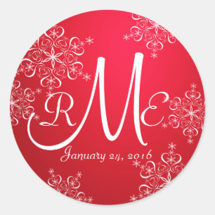Snowflake Monogram Wedding Red 2 Runder Aufkleber