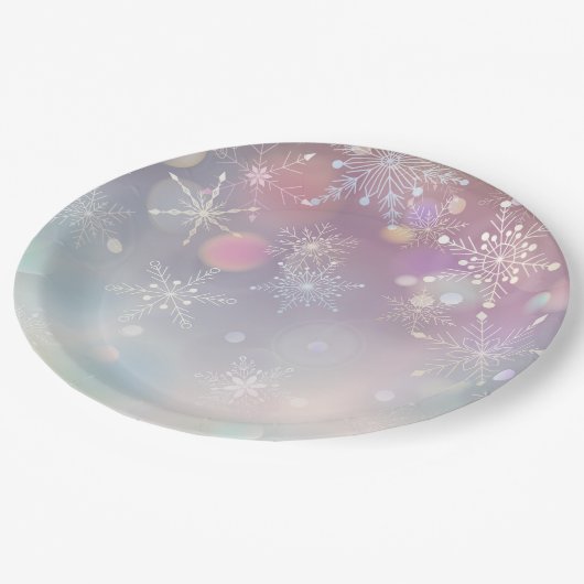 Snowflake Muster in Soft Pastellfarben Bokeh Pappteller (Schrägansicht)