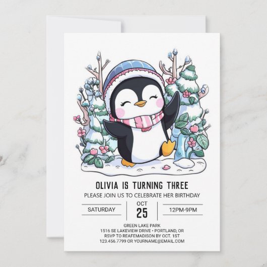 Snowflake Niedlich Pinguin Digital Geburtstag Einladung (Vorderseite)