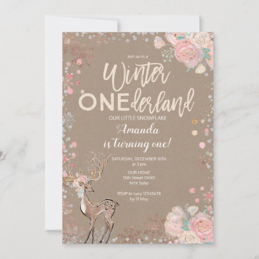 Snowflake ONEderland 1. Geburtstag Einladung Hirsc (Vorderseite)