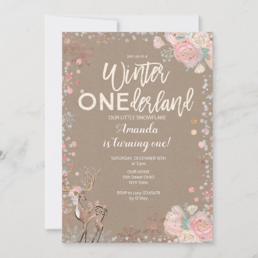 Snowflake ONEderland 1. Geburtstag Einladung Hirsc (Vorderseite)