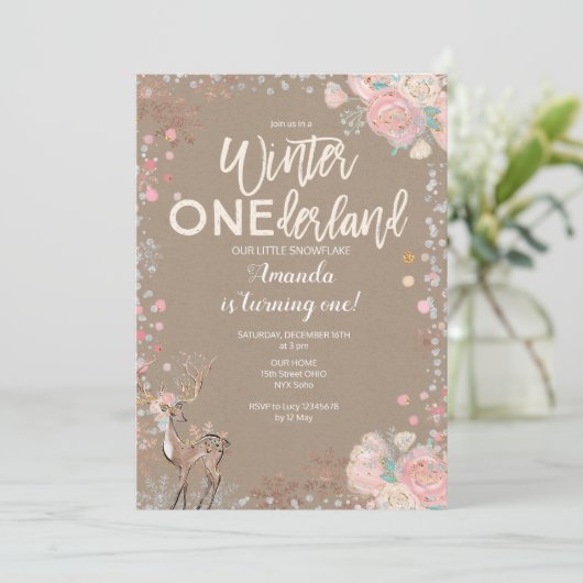 Snowflake ONEderland 1. Geburtstag Einladung Hirsc (Stehend Vorderseite)