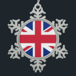 Snowflake-Ornament unter der Flagge des Vereinigte Schneeflocken Zinn-Ornament<br><div class="desc">Feiern Sie die Urlaubssaison mit einer Touch britischen Stolzes mit unserem exquisiten Schneeflocken mit der Flagge des Vereinigten Königreichs! Mit viel Liebe zum Detail gestaltet, verbindet dieses Ornament die ikonischen Elemente der britischen Flagge nahtlos in ein zartes Schneeflockdesign. Das lebendige Design integriert die Union Jack kreativ und symbolisiert die Einheit...</div>