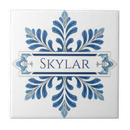 Snowflake pattern blue & white holiday custom name fliese