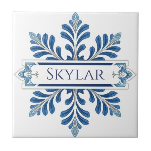 Snowflake pattern blue & white holiday custom name fliese (Vorderseite)