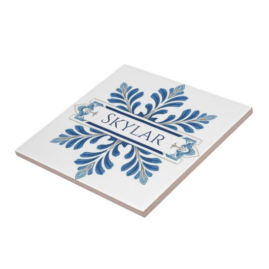 Snowflake pattern blue & white holiday custom name fliese (Seite)