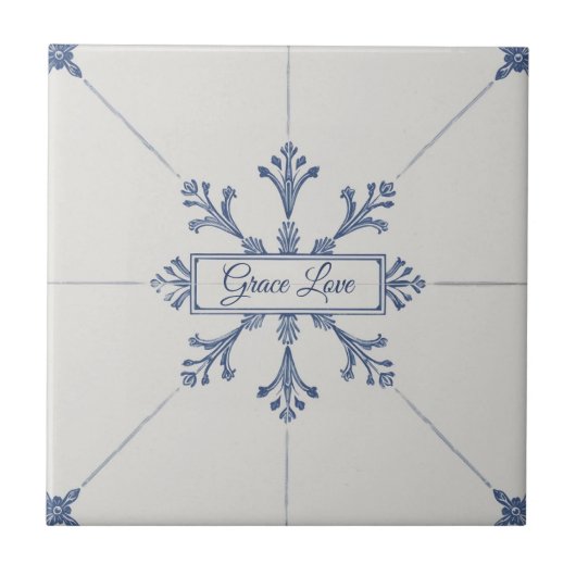 Snowflake pattern blue & white holiday custom name fliese (Vorderseite)