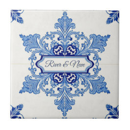 Snowflake pattern blue & white holiday custom name fliese