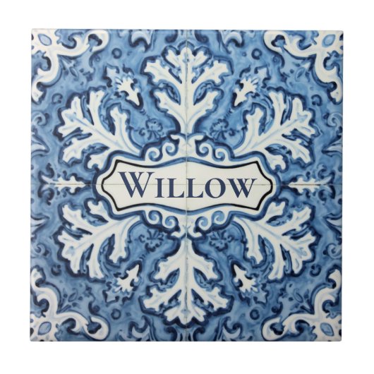 Snowflake pattern blue & white holiday custom name fliese (Vorderseite)