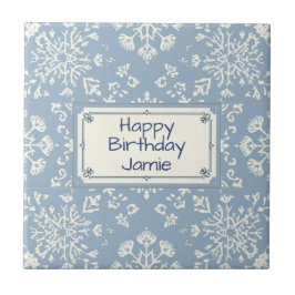 Snowflake pattern blue & white holiday custom name fliese