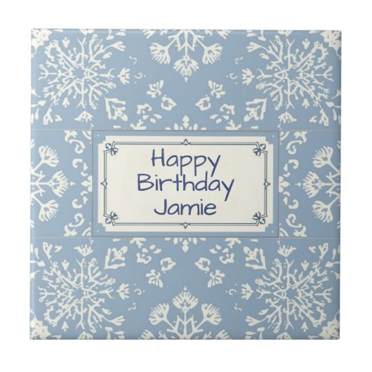 Snowflake pattern blue & white holiday custom name fliese (Vorderseite)