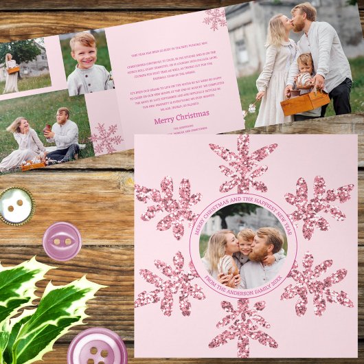 Snowflake Pink Glam Einzigartiges 7 Pic Multi-Foto Dreifach Gefaltete Urlaubskarte