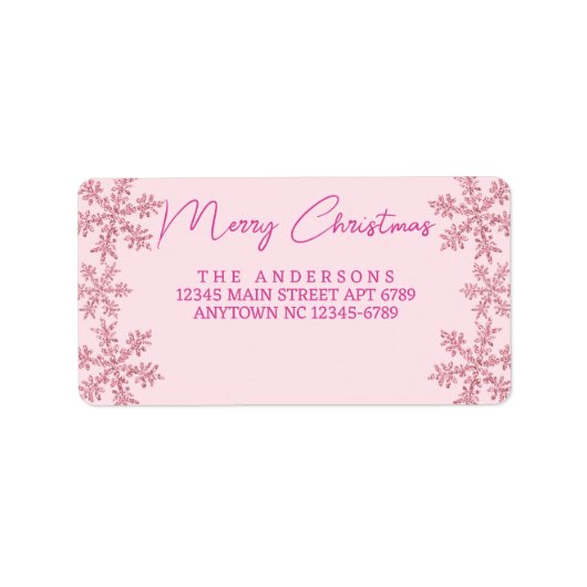 Snowflake Pink Glam Modern Script Weihnachten Adressaufkleber (Vorne)