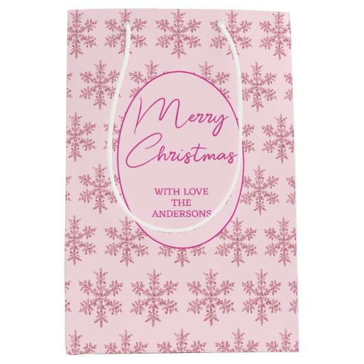 Snowflake Pink Glam Muster Weihnachtsschrift Mittlere Geschenktüte (Vorderseite)