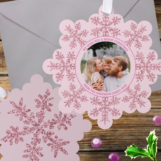 Snowflake Pink Glam Niedliches Foto Weihnachten Ornament Karte