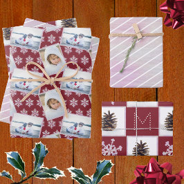 Snowflake Pink Opal Pinstripes 3 Foto Weihnachten Geschenkpapier Set