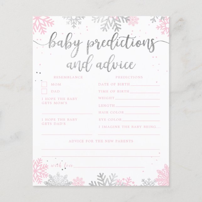 Snowflake Pink Silver Baby Predictions Karte (Vorderseite)