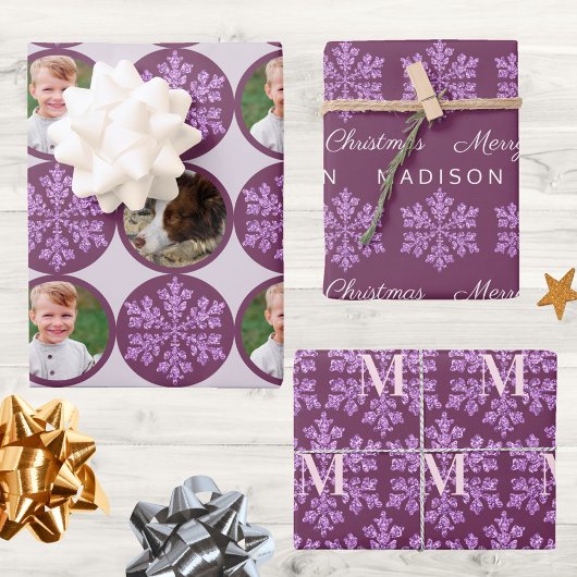 Snowflake Plum Bling Classic 2 Foto Weihnachten Geschenkpapier Set