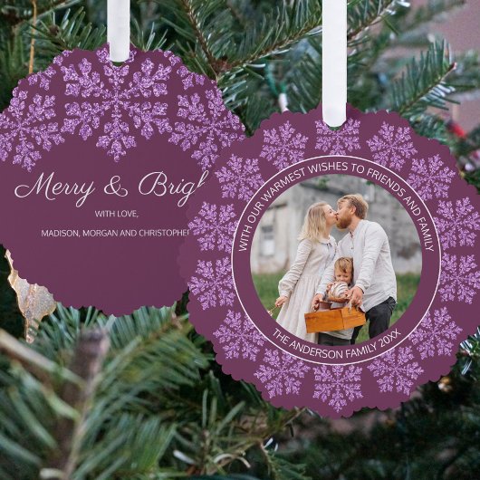 Snowflake Plum Bling Elegantes Foto Weihnachten Ornament Karte