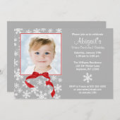 Snowflake Red Bow Winter Onederland Foto Geburtsta Einladung (Vorne/Hinten)