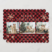 Snowflake Red Kariert Foto Collage Feiertagskarte (Vorne/Hinten)