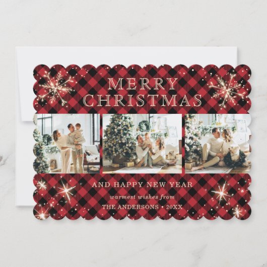 Snowflake Red Kariert Foto Collage Feiertagskarte (Vorderseite)