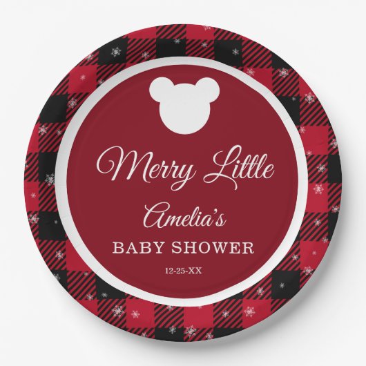 Snowflake Red Plaid Merry Little Baby Shower Pappteller (Vorderseite)