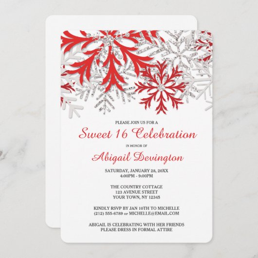 Snowflake Red Silver Winter Sweet 16 Einladungen (Vorne/Hinten)