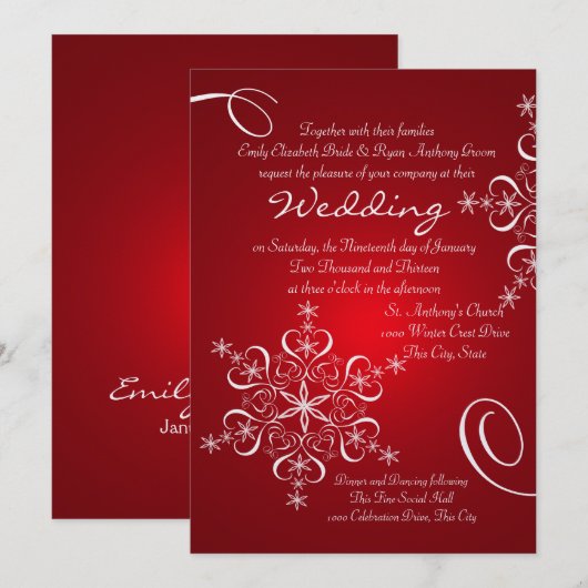 Snowflake Red Winter Wedding Einladung (Vorne/Hinten)